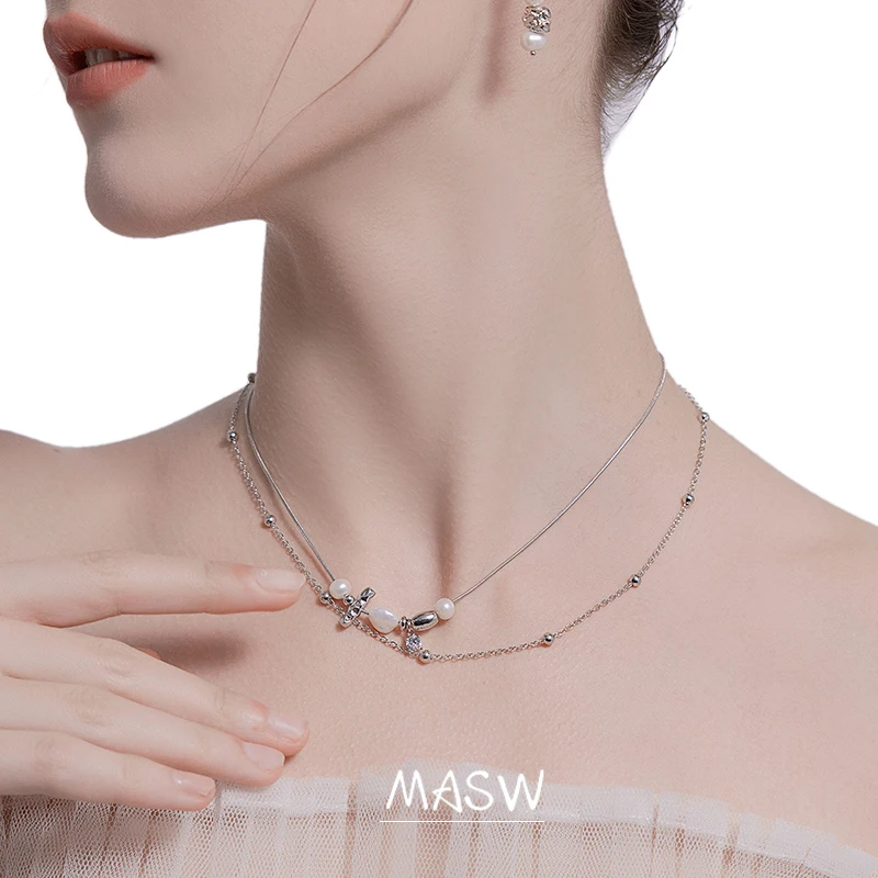 MASW Original Design Irregular Pendant Necklace 2023 Trend High Quality Glass Pearl Two Layer Short Chain Necklace For Women