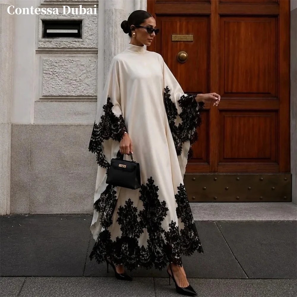 Contessa Custom Off White High Neck Evening Dress Floral Lace Trim Prom Dresses Satin Vestidos De Noche Modest Formal Evening