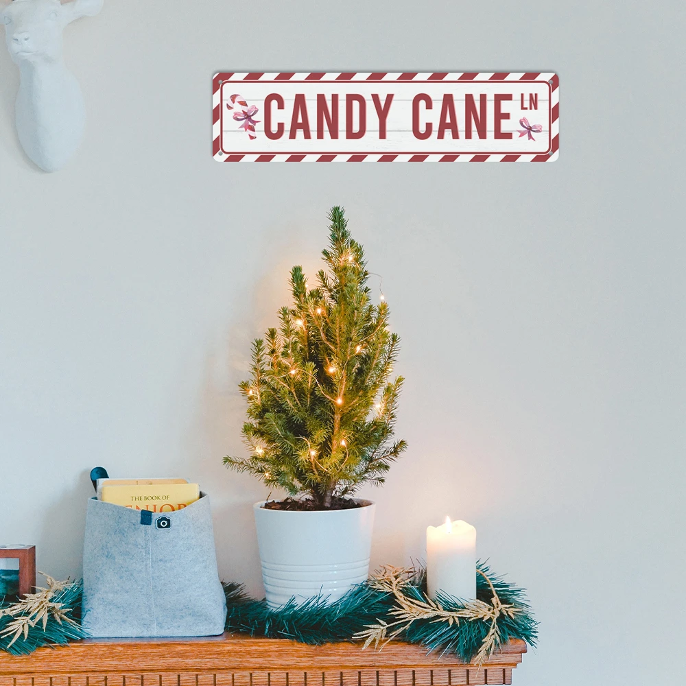 Putuo Decor 1pc Merry Christmas Vintage Metal Tin Sign, Candy Cane, Wall Decor for Home Porch Front Door Gate, 3.9 X 15.7 Inches