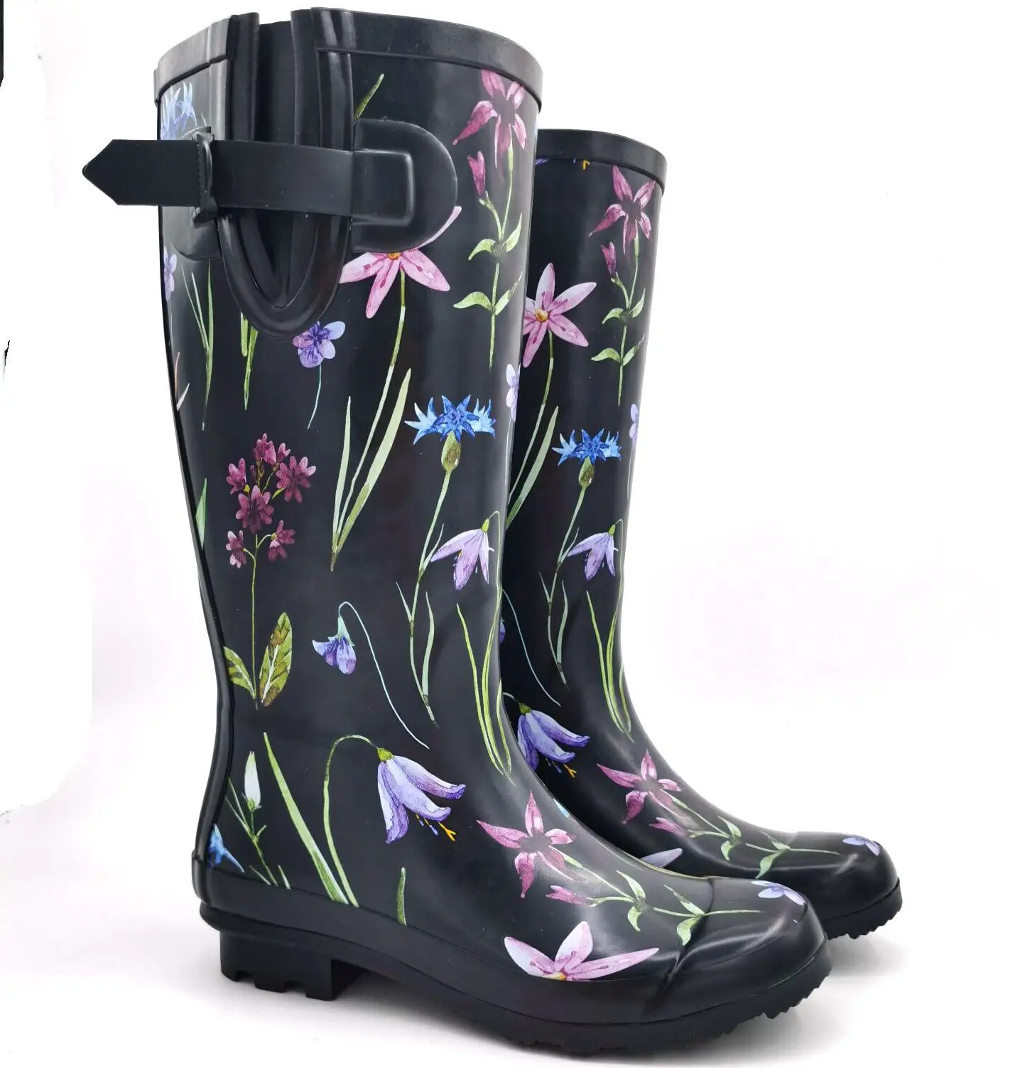 Fashion Ladies High-top Rain Boots Rain Boots Navy Blue Flower Water Shoes Rubber Sleeve Long Rain Boots