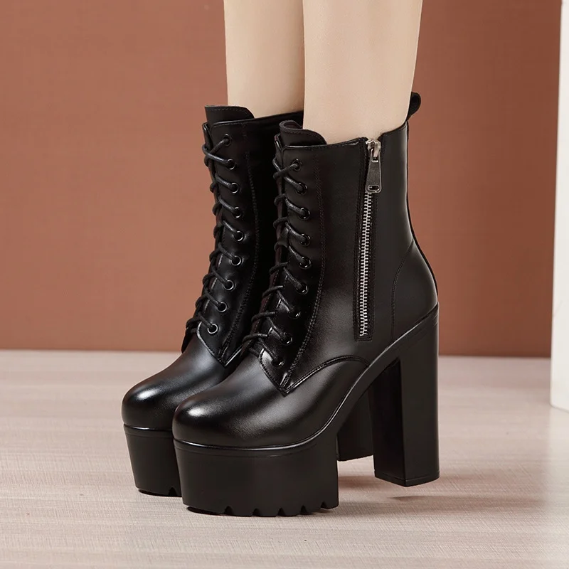 

14cm Small Size 32-43 Elegant Women's Shoes Winter Platform Ankle Boots 2026 Block High Heel Shoe Warm Leather Boots Dress Model