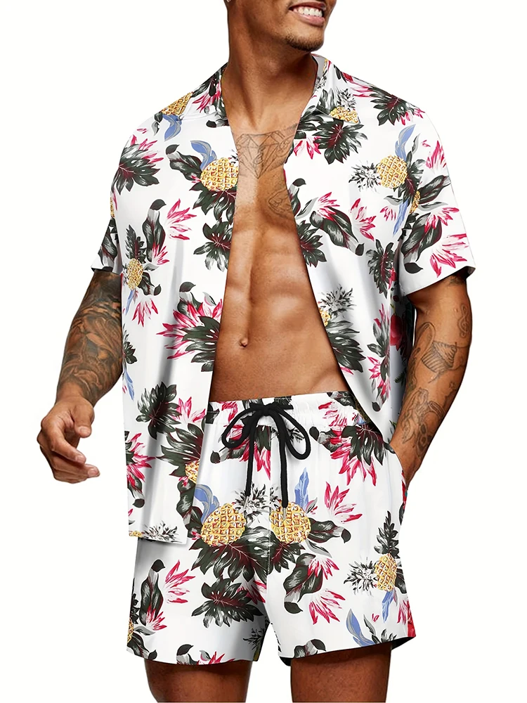 Cool Hawaiian Style Men\'s Short-Sleeved Shirt And Shorts Set Seaside Casual Short-Sleeved Shirt Summer Outdoor Shorts Men\'s Set