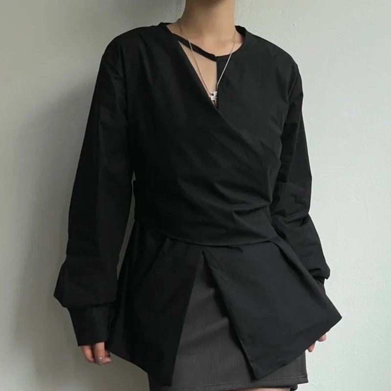 Chic Irregular Shirts Blouses Hollow Out Blusas Mujer Criss Tunic Ropa Mujer Spring New Camisas Korean Fashion Shirt Tops