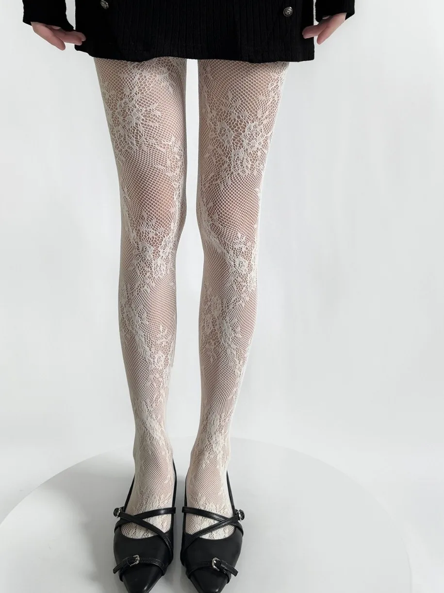 Red Lace Floral Embroidery Hollow Y2K Fishing Net Stockings Sexy Anti-Catch White Silk Base Pantyhose Women's Underwear