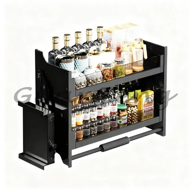 Double Tier Pull Down Cabinet Lift Basket, Steel Drawer Seasoning Storage Organizer for Kitchen Upper Cabinet