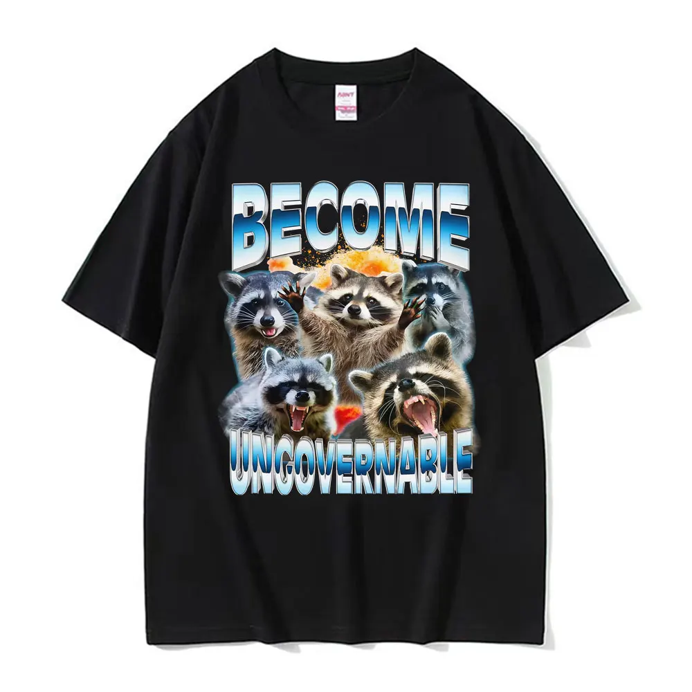

Футболки Become Ungovernable с забавным енотом и мемом, женские футболки большого размера Y2K с винтажным рисунком, футболка с короткими рукавами и круглым вырезом, топы