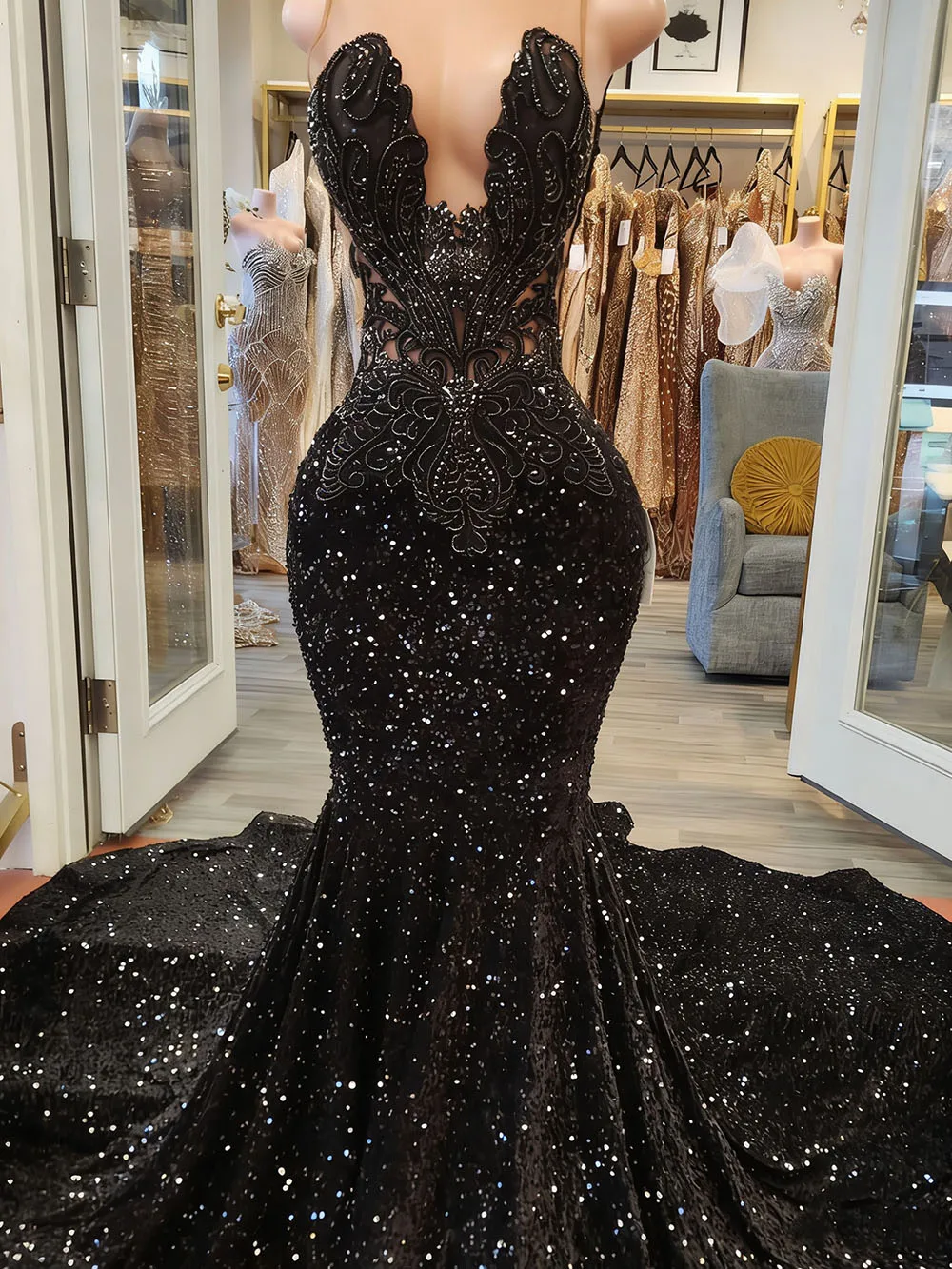 Black Prom Dresses 2026 Black Girl Luxury Rhinestone Sequin Mermaid Party Gowns Sheer Neck vestidos de fiesta Customized
