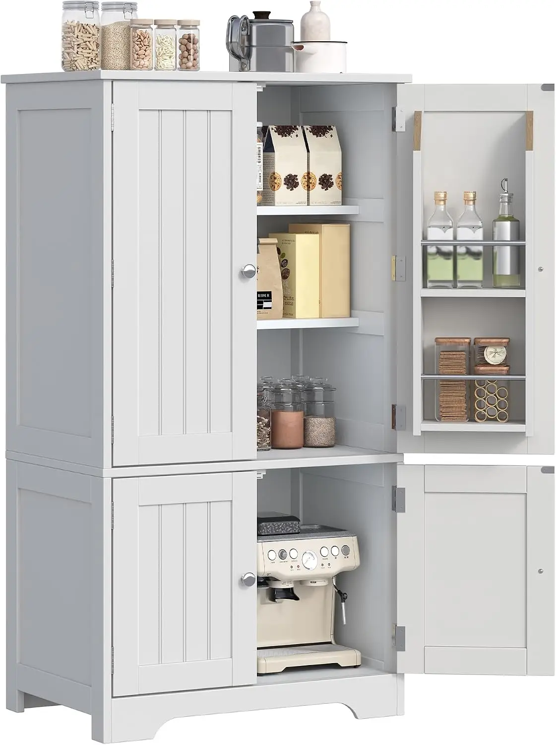 White Kitchen Pantry Storage Cabinet With Four Doors, High Standing Wooden Storage Unit With Door Shelves, Utility Sideboard Organizer Cabinet For Living Room Dining Room Bathroom, White