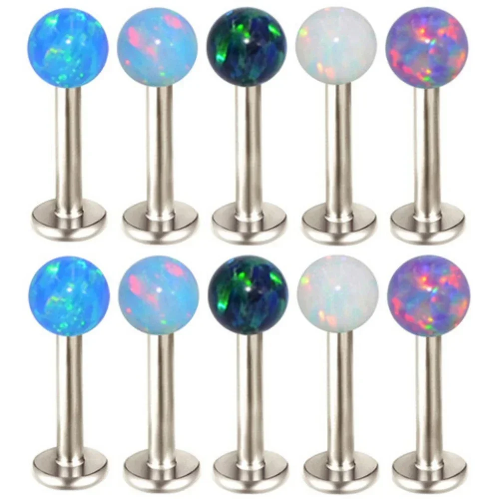 16G 1.2mm Opal Labret Ring Monroe Lip Stud Internally Threaded Steel 6mm - 12mm Bar 3mm Ball Tragus Ear Piercing