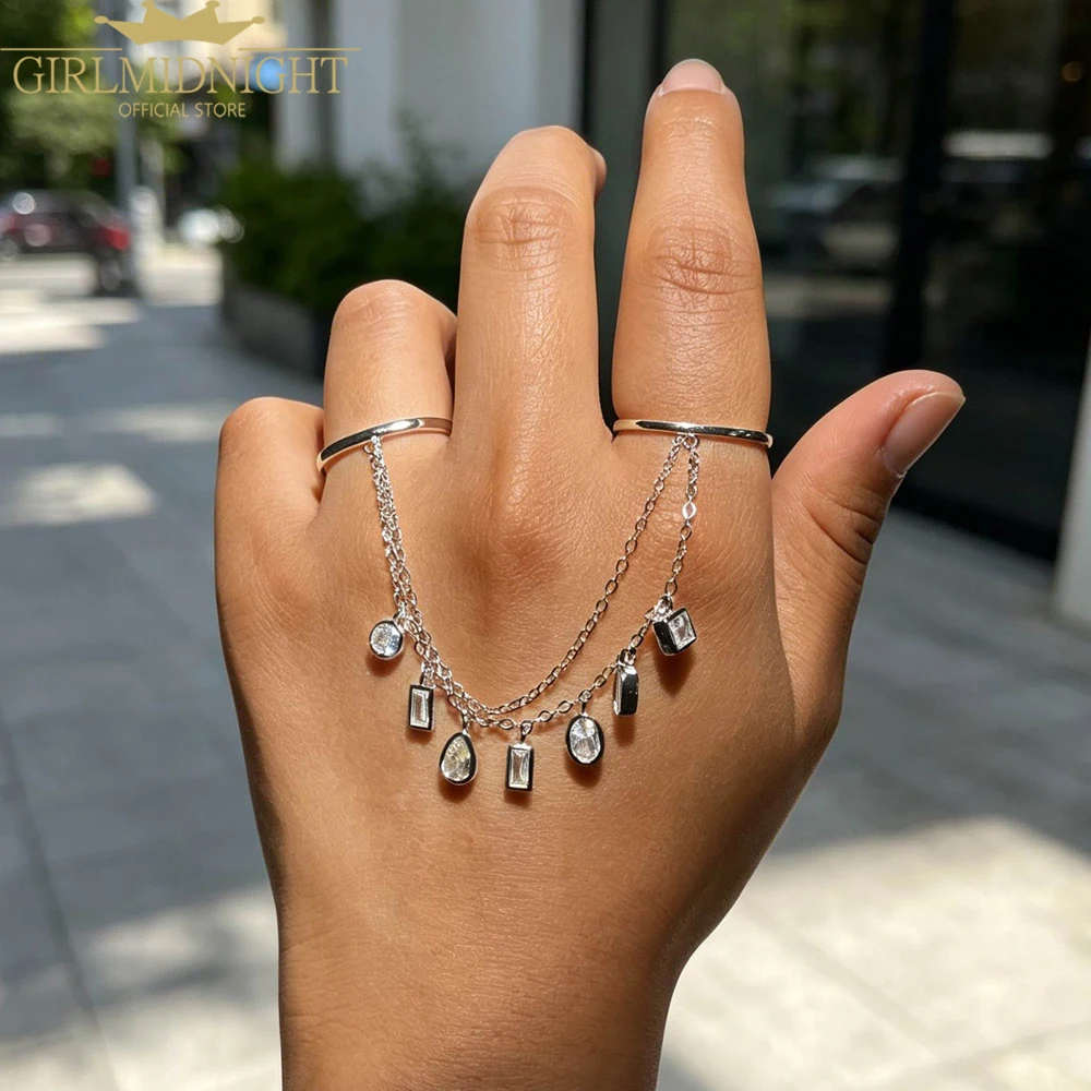 New Cubic Zirconia Drop Tassels Fascinating Rings for Women Trendy Open Size Round Oval Square CZ Double Finger Jewelry