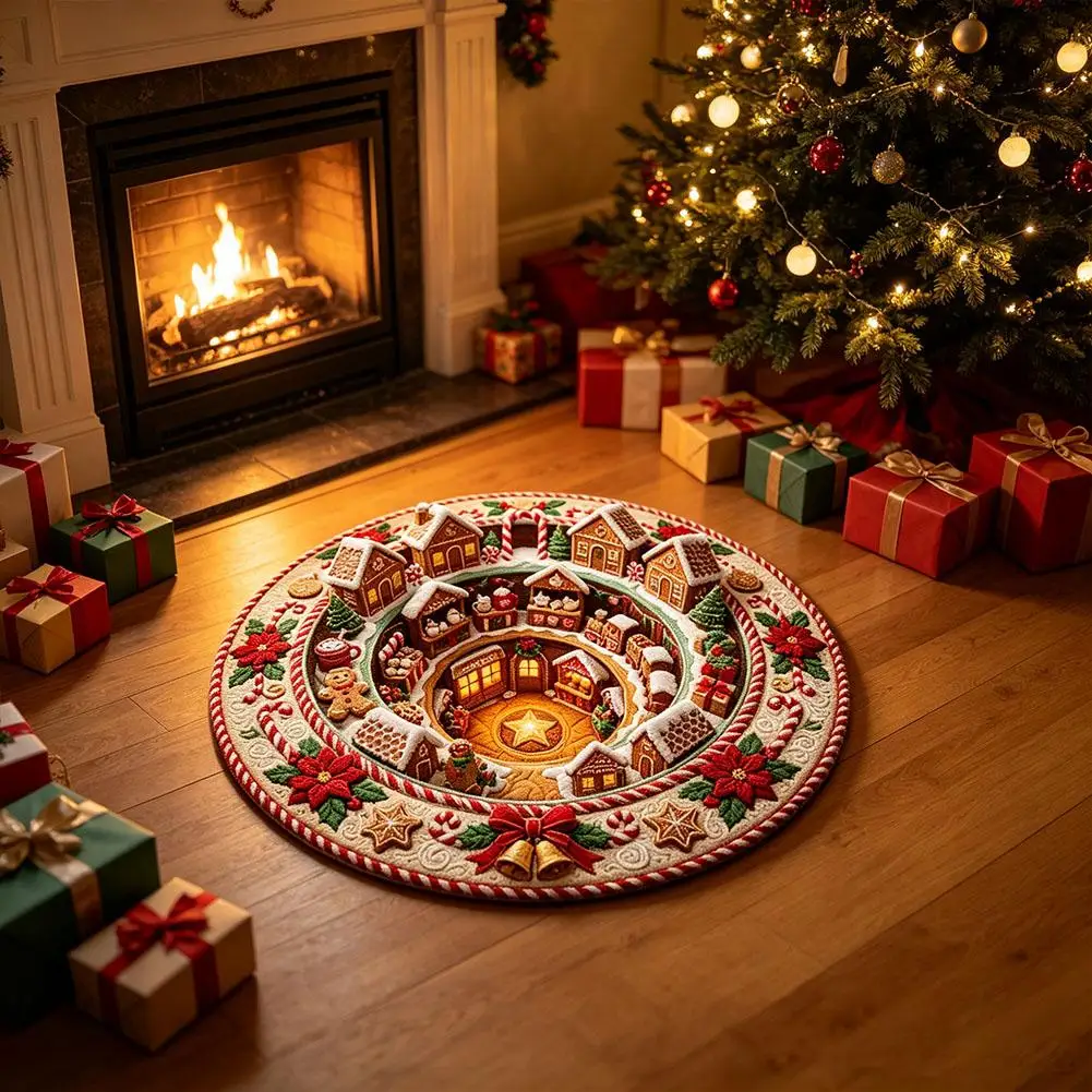 Christmas 3D Illusion Round Floor Rug Gingerbread Village Design Wear-resistant Non‑Slip Mat for Living Room Holiday Decoration