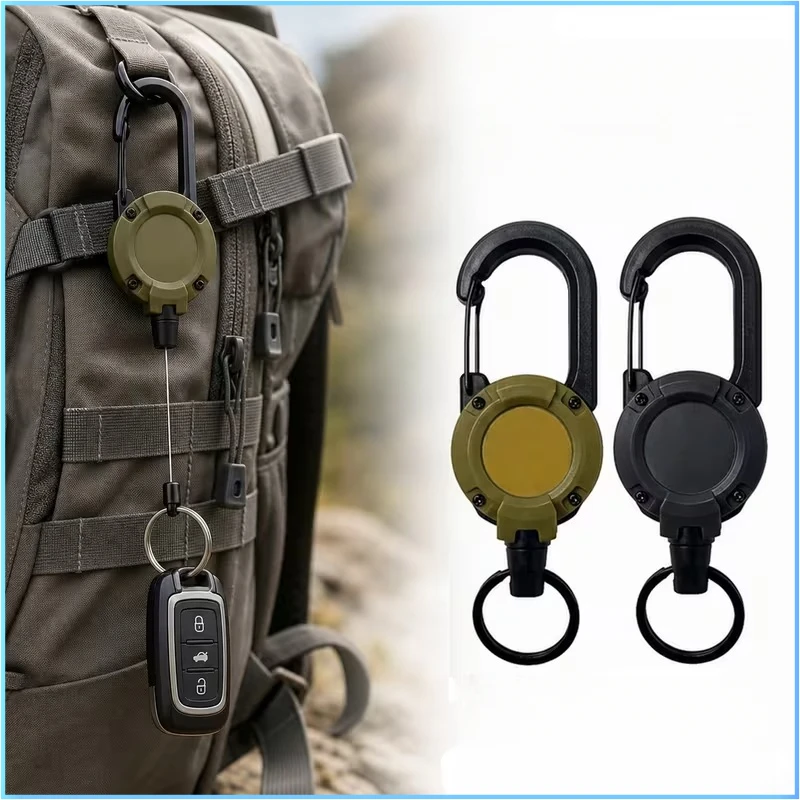 Retractable Keychain, Tactical Steel Wire Anti‑Lost Carabiner Key Holder, Automatic Rebound Pull Reel for Outdoor Camping Hiking