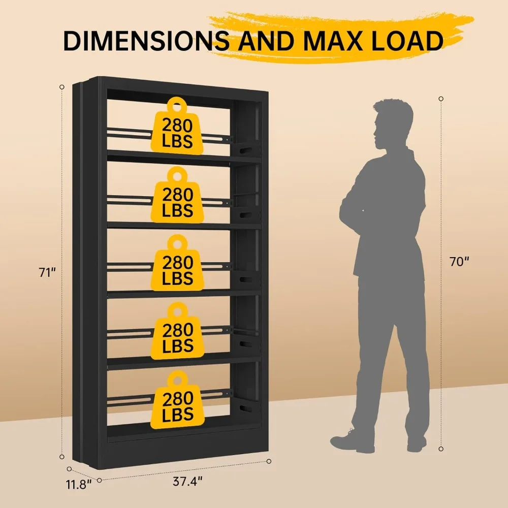 رف كتب معدني شديد التحمل مكون من 5 طبقات قابل للتعديل لتخزين المكتبة والمكتب بتصميم طويل