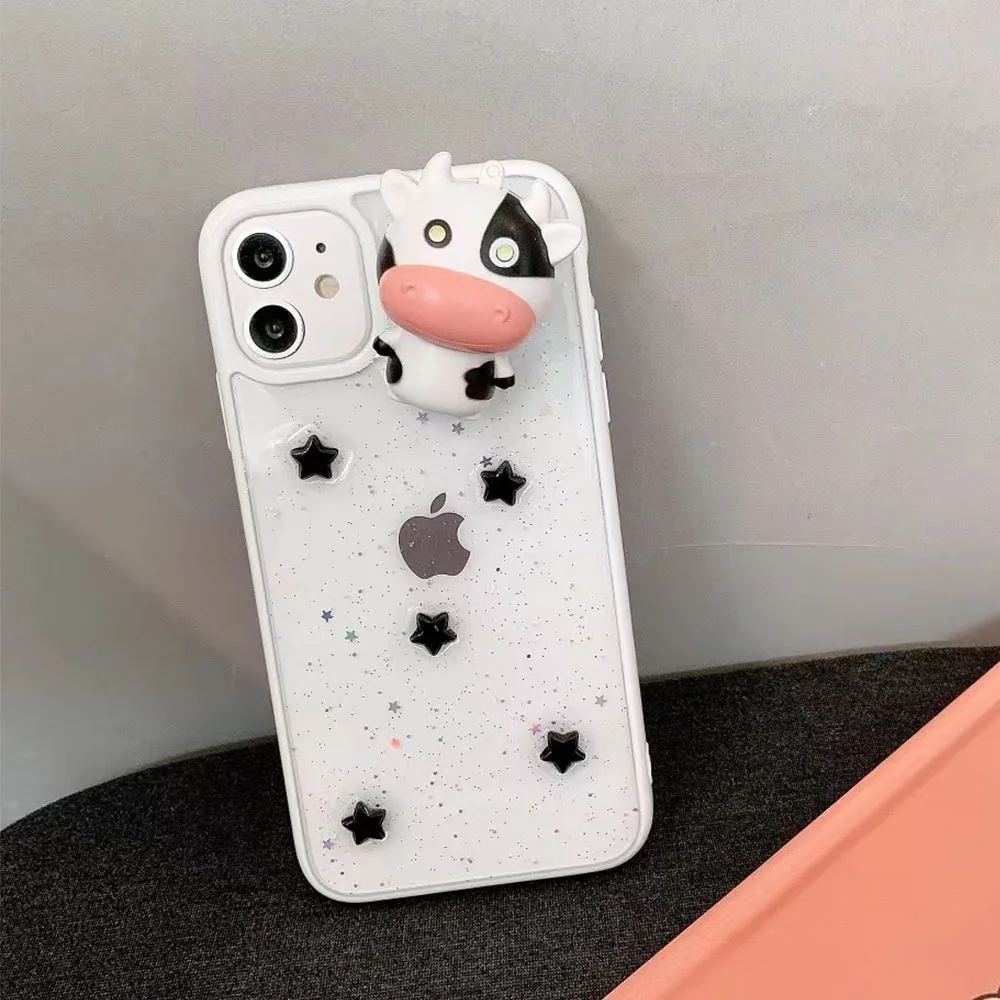 3D Dimensional Glowing Cow Doll Glitter Epoxy Transparent Soft Phone Cases for iphone 15 14 13 Pro 12 11 XS XR 7 8 Plus SE Cover