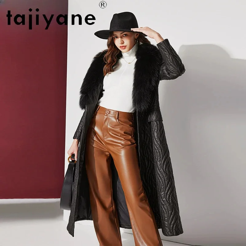 Brand Tajiyane Real Leather Jacket Women 2024 Winter Genuine Sheepskin Cotton Coat Luxury Fox Fur Collar Waisted Long Jackets