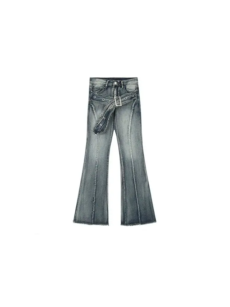 Jeans micro-flare retrò da donna 2025 Autunno Streetwear Cintura con setole Pantaloni vintage slim Pantaloni in denim dritti da strada