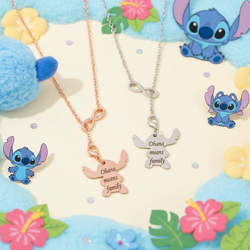 الفولاذ المقاوم للصدأ "Ohana يعني الأسرة" قلادة إنفينيتي قلادة الكرتون غرزة مجوهرات هدية للنساء عشاق هدية الصداقة