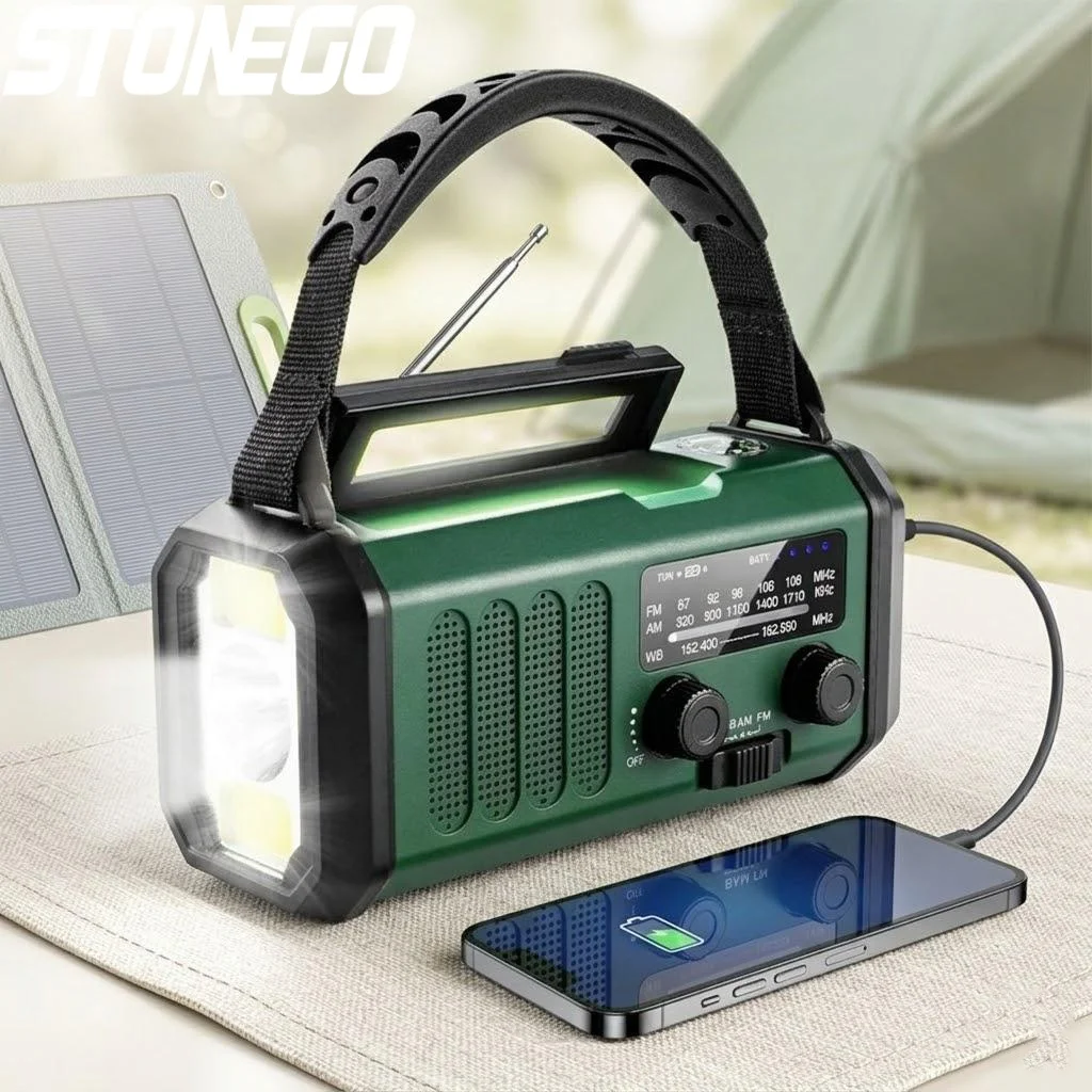 

Радиоприемник AM/FM с солнечной батареей 10000 мАч, USB-C зарядкой, фонариком, SOS-сигналом, компасом, для выживания на природе, с оповещением о погоде