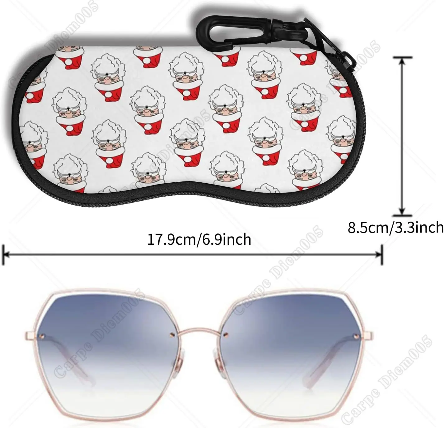 Santa Claus Tile Pattern Sunglasses Case Ultra Light Neoprene Zipper Eyeglass Soft Case with Belt Clip Soft Sunglasses Bag