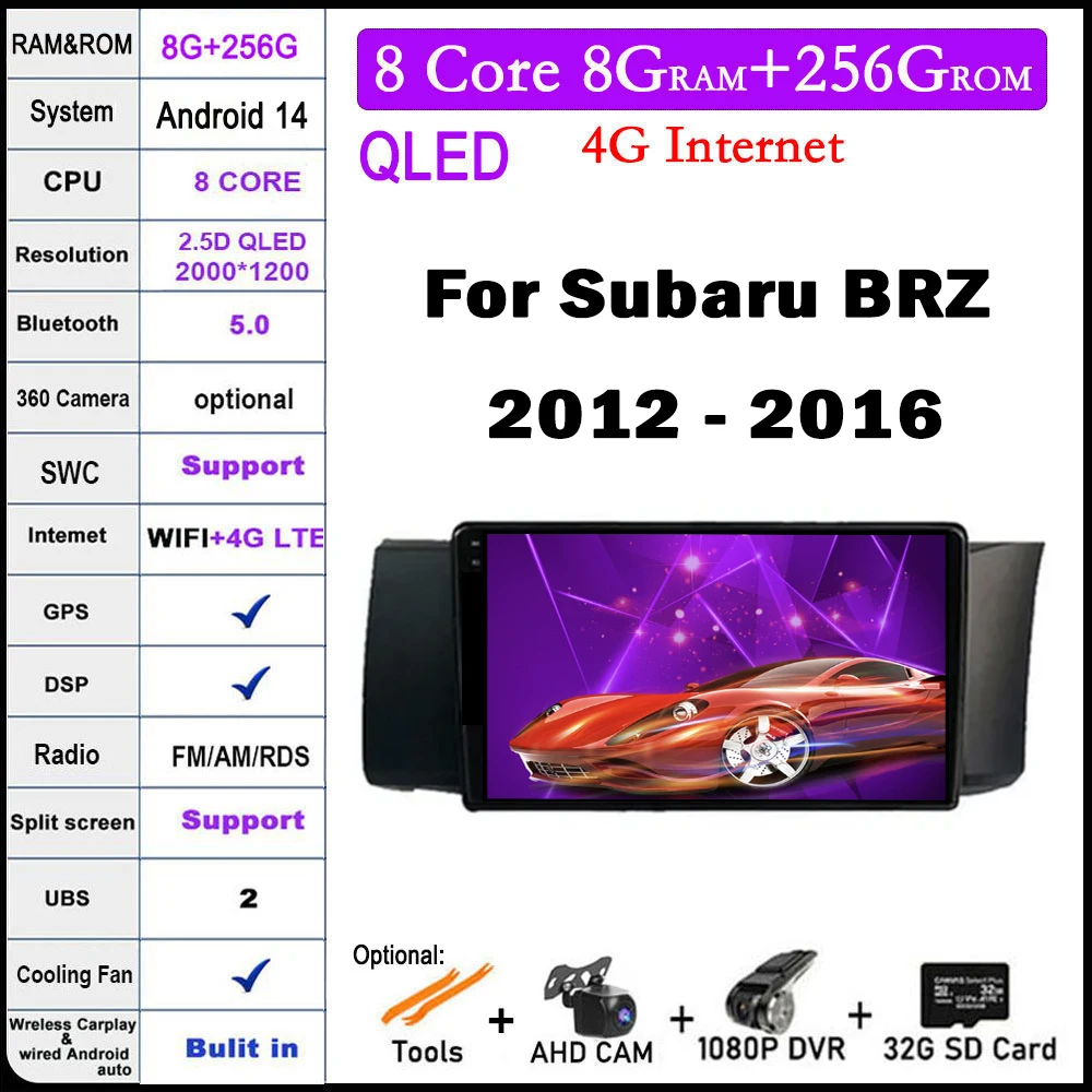 

RHD QLED IPS Android 14 для Subaru BRZ 2012-2016 Автомобильное авторадио Радио GPS Мультимедиа Carplay Стерео Wi-Fi плеер Навигация