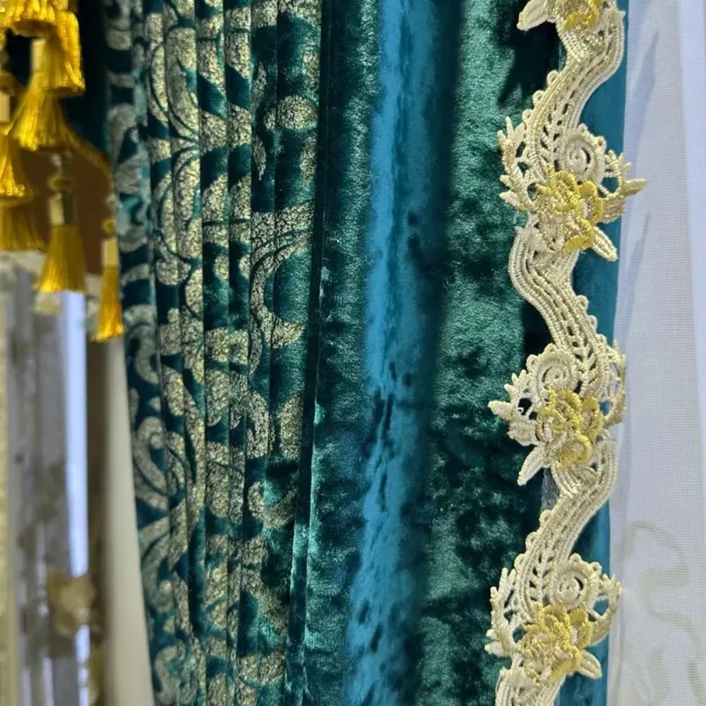 High-end Dark Green Velvet Bronzing Jacquard Curtains For Living Room Bedroom Balcony Villa Home Decoration Customized Valanace