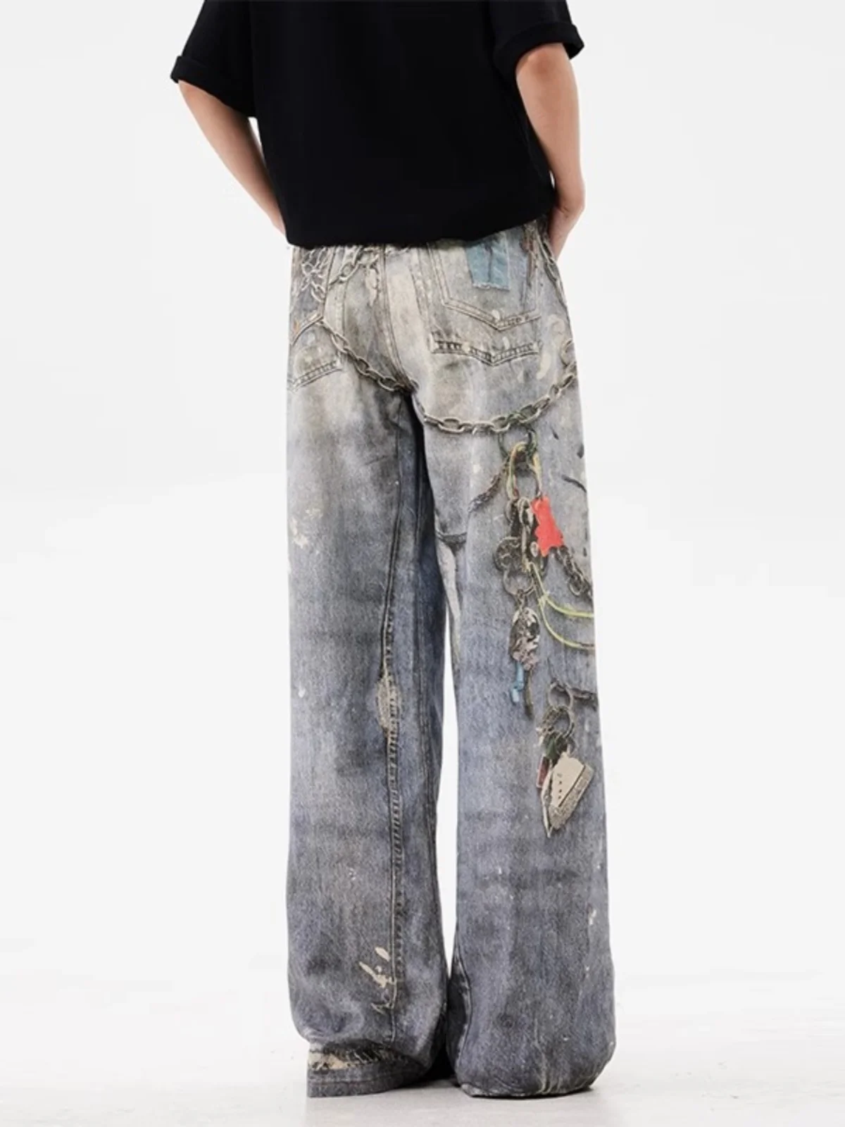 Retro 3D Digital Print Loose Jeans Men's Sle Faded Dyeing Chain Strap Casual Straight Leg Jeans Youth Trend American Sle