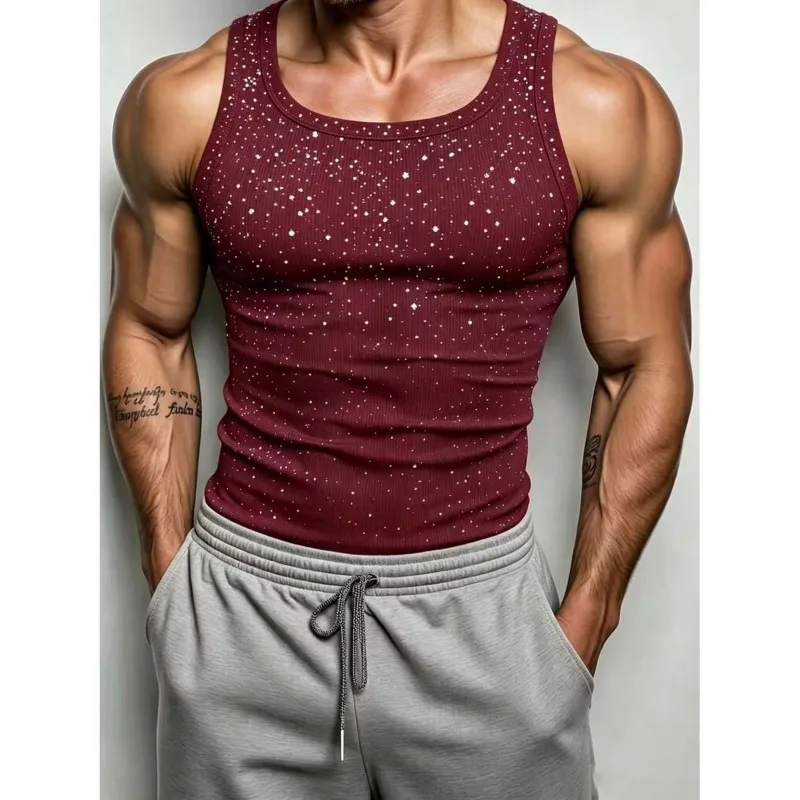 Men's Rib Tank Tops O-neck Ice Silk Elastic Slim Shiny Sequin Sleeveless Muscle Shirts Fitness Running Comfort Breathable Tees