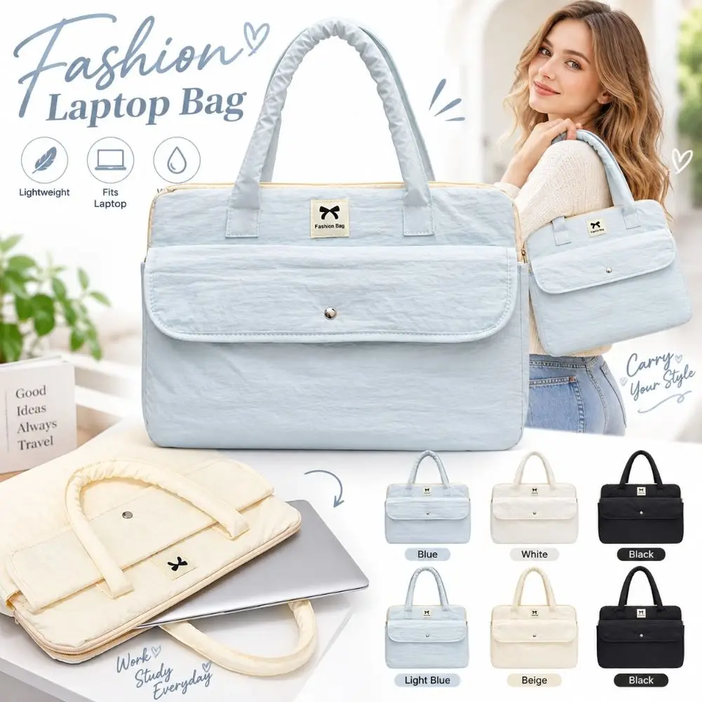 Solid Color Bow Print Laptop Storage Bag Large Capacity Water-repellent Tablet Handbag Multifunctional Shockproof