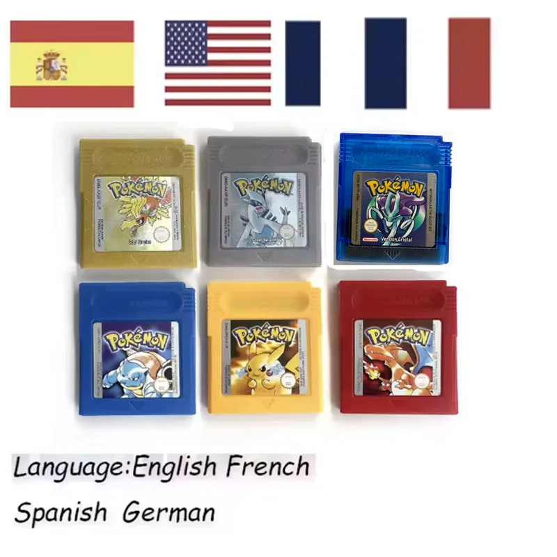 ! @ HOT Tarjeta de juego Pokémon GBC Roja Azul Cristal Dorada Verde Plata Amarilla Cartucho de videojuego de 16 bits Tarjetas de consola para GB/SP