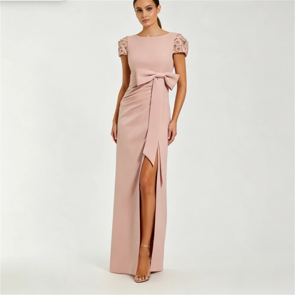 Customized Short Sleeve Mother Of The Bride Dress Beaded Cap Shoulder Bow Ruched Split Floor Length Formal Wedding Guest Gown