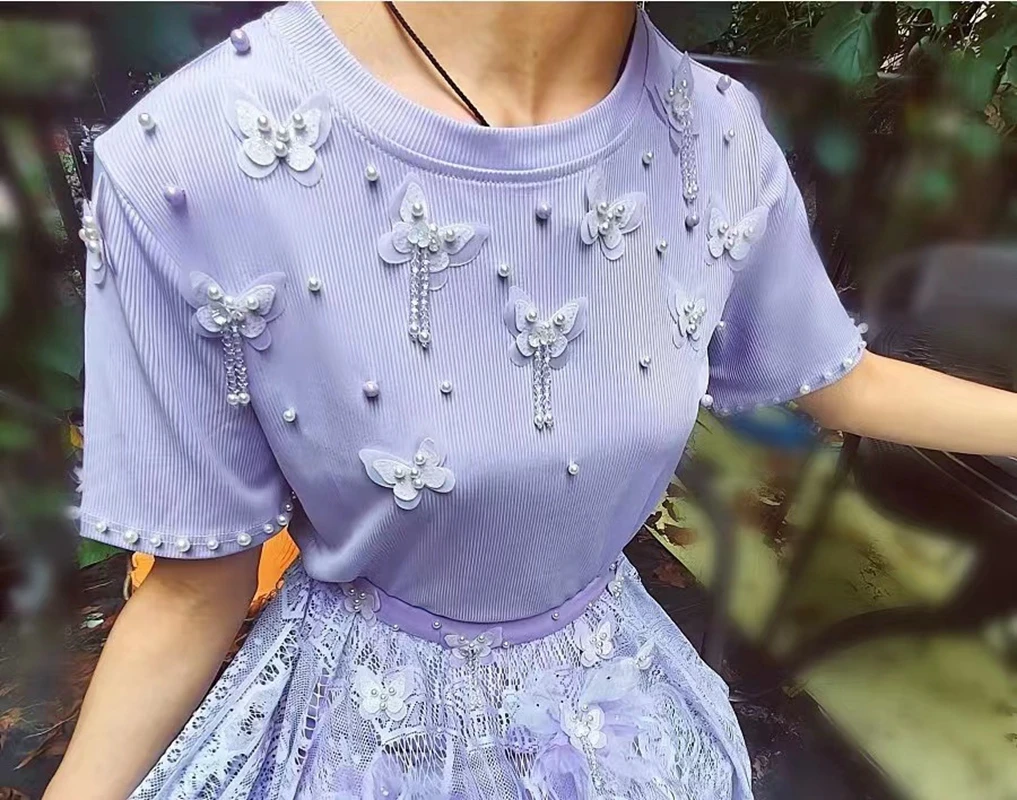 Luxury Style Beaded Butterfly Tassel Knitted Tshirt Women Ice Silk T-shirt Tops Tees Woman Clothing