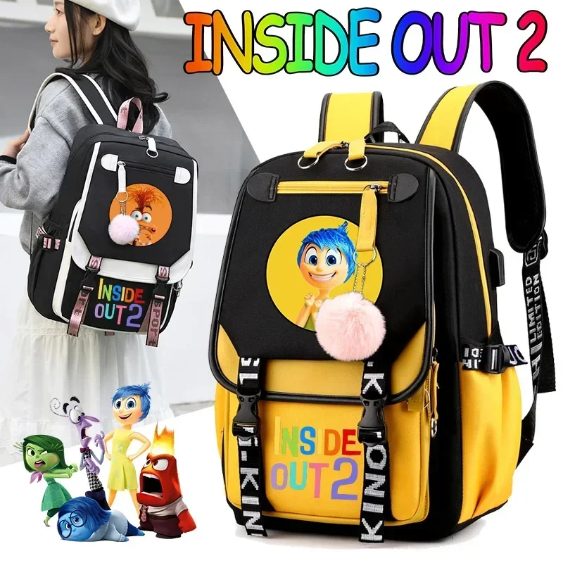 Inside Out 2 Backpacks with Usb Charging Port Joy Sadness Disgust Anxiety Teenage Girl School Bag Disney Large Capacity Rucksack