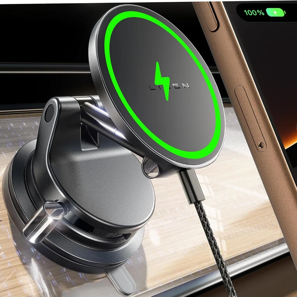 

Крепление для телефона на присоске LISEN, [Pro с функцией зарядки] Автомобильное зарядное устройство Magsafe мощностью 15 Вт для 17 iPhone 16 15 14 13 12 Pro Max Plus