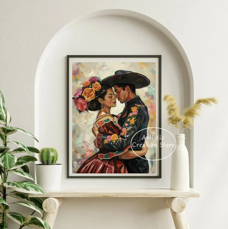 Mexico Christmas Blooming Heart Day of the Dead Floral Skull Dancing Couple Poster Canvas Painting Wall Art Pictures Home Decor