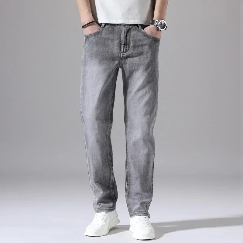 

2024 Business Casual Men's Thin Denim Jeans Cotton Stretch Jeans Grey Spring Summer Brand New Fit Straight Lightweight