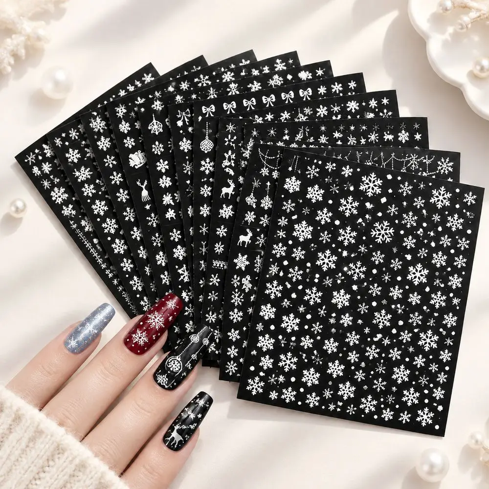 12Pcs Fade-Resistant Chic Nail Stickers White Snowflake Wreath Dot Motif for Holiday Season Winter Celebration Manicure Set
