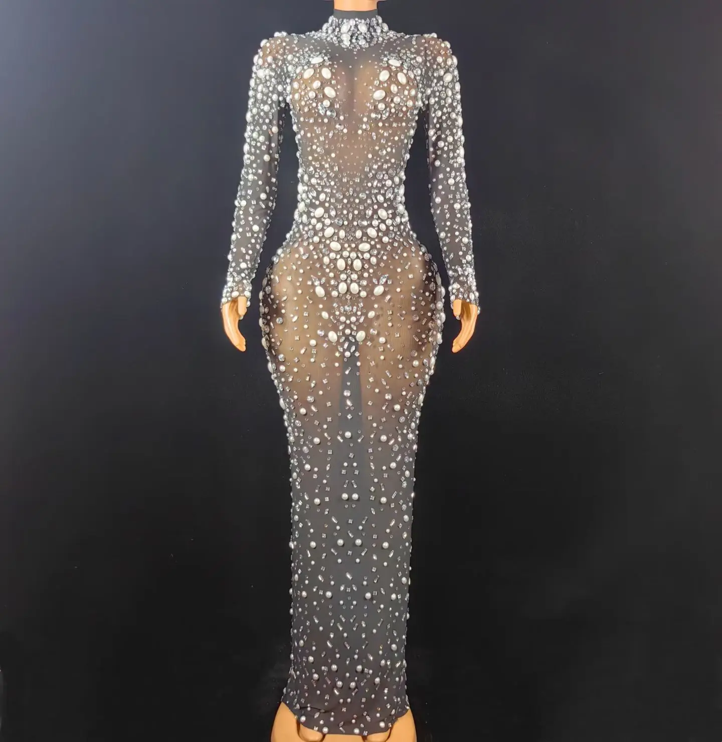 

Eye-catching Glitter Women Dress Homecoming Celebrate Las Vegas Show Drag Queen Costume See Thru Beaded Dressy Long Sleeve