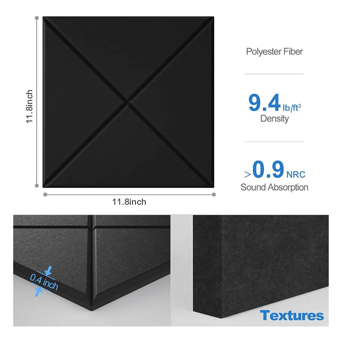 12Pack Acoustic Panels with Self-Adhesive, 12x12x0.4Inch Sound Proof Foam Panels, Sound Absorbing Tile for Walls Black