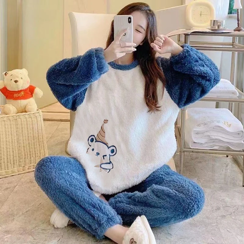 Thickened Warm Flannel Women Sleepwear Coral Velvet Pajamas Autumn Winter Cute Cartoon Bear Padded Two Sets Nightwear Casual