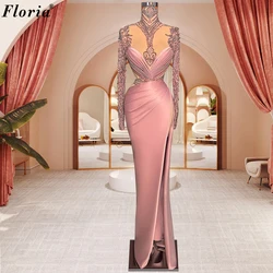 Simple Blush Pink Mermaid Evening Dresses With Side Slit Long Sleeves Wedding Guests Dresses Prom Dresses Robes De Soirée