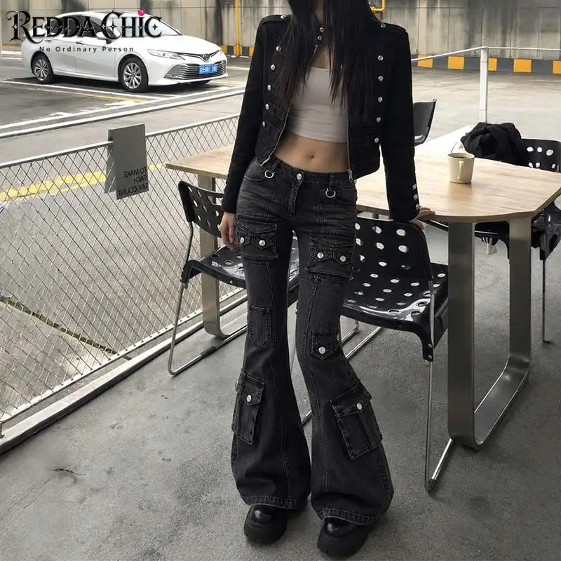 ReddaChic Denim Black Crop Jacket Pants Set Women Retro Low Rise Cargo Jeans Turtleneck Zip Military Jacket Napoleon Clothes