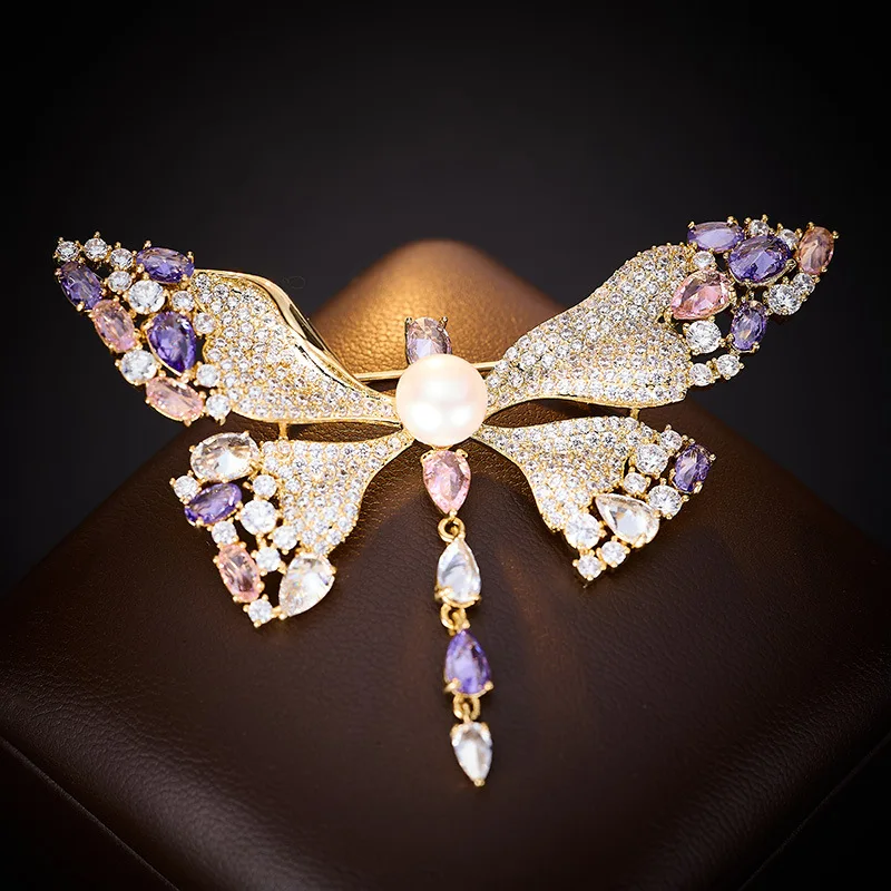 Chinese Style Auspicious Lucky Natural Freshwater Pearl Butterfly Brooch Micro Paved Zircon Elegant Women Coat Pin Blessing Gift