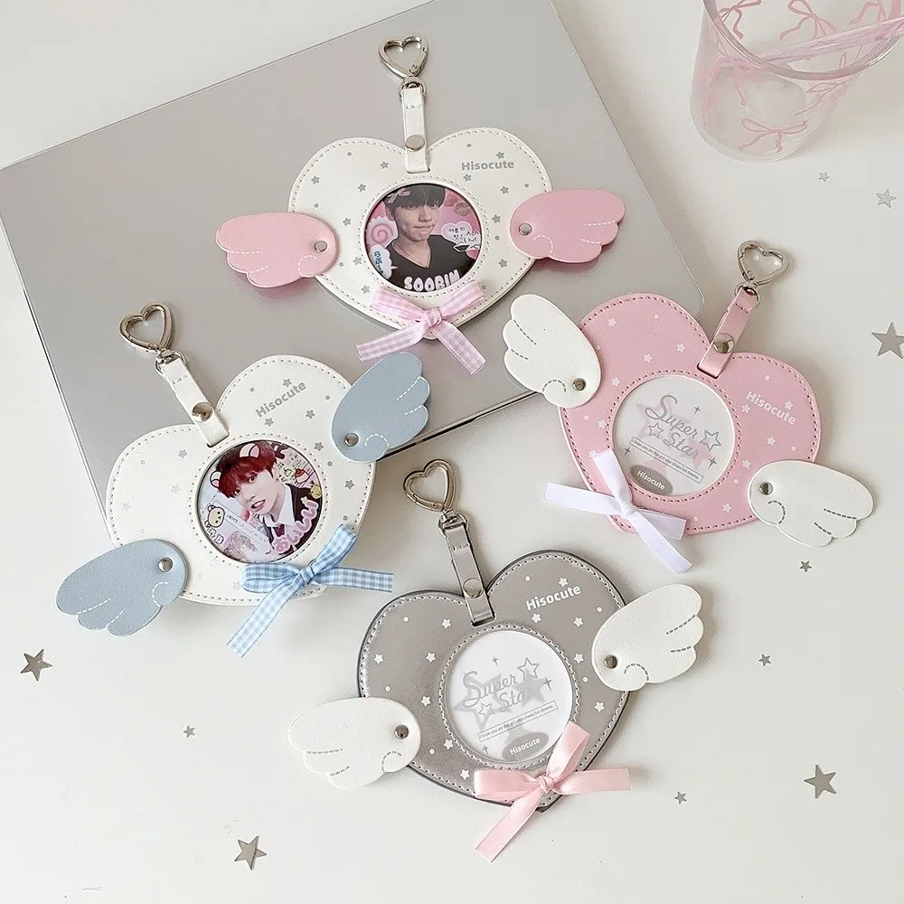 Love Heart Wings Korean Mini Photocard Holder with Keychain PU Card Cover Idol Card Display Protector Hanging Decoration