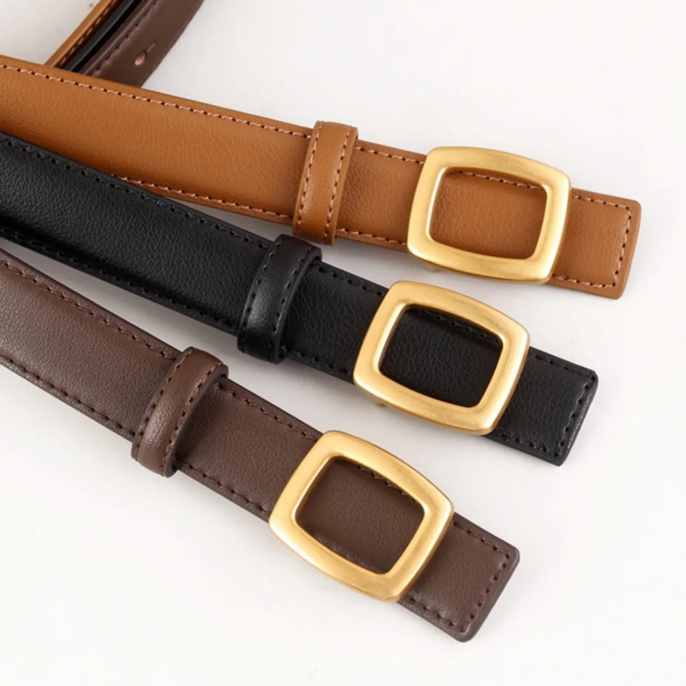 

2025 New Korea Women Genuine Leather Waist Belt Fashion Geometric Square Gold Buckle Adjustable Corset Belt For Women