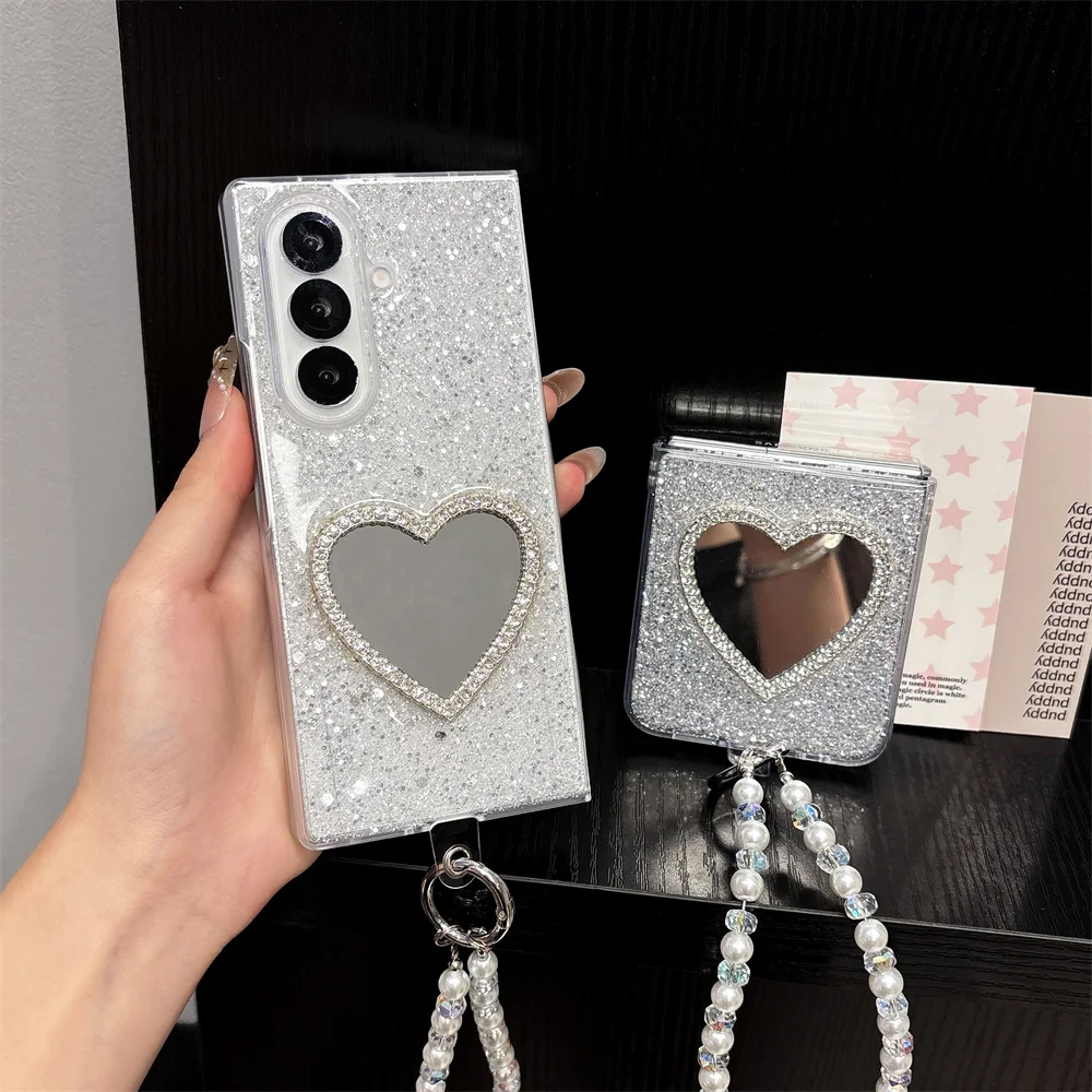 Glitter Bling Heart Mirror Phone Case For Samsung Galaxy Z Fold8 Ultra Fold7 6 5 4 Protective Cover With Pearl Wrist Chain Shell