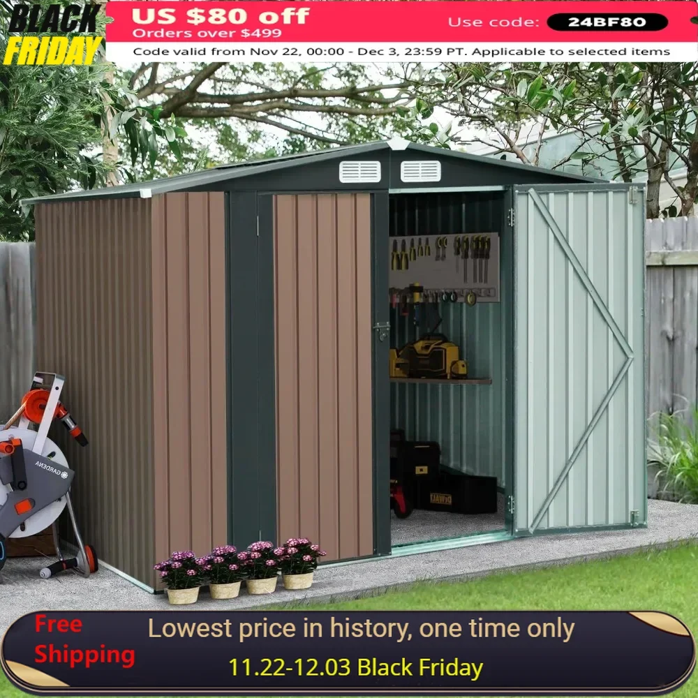 8' x 6' Outdoor Shed Outdoor Storage Booth Galvanized Steel Garden Shed With Single Lockable Door Lawn Prefabricated Warehouse