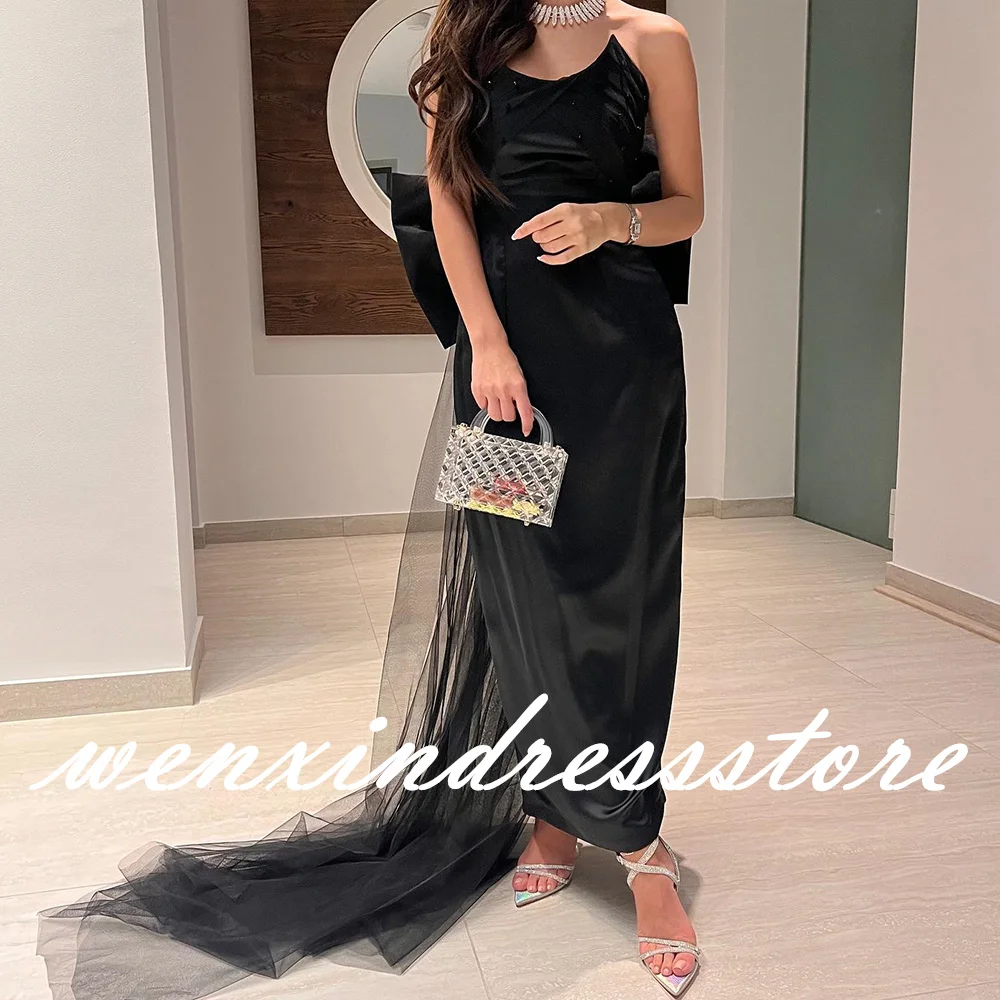 Customized Exquisite Crystal Bow Satin Evening Dress Delicate Strapless Straight Sleeveless Floor Length Bespoke Occasion Gowns