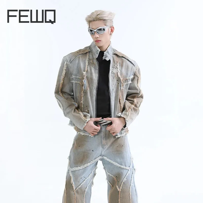 

FEWQ Niche Trend Tie Dye Stand Up Collar Denim Jacket Street Fashion Denim Suit 2024 Vintage Long Sleeve Male Sets 24E2239