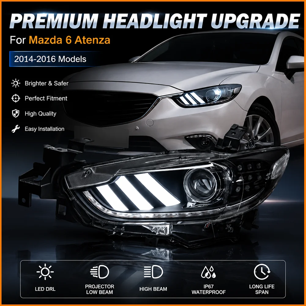 For Mazda 6 Atenza 2014 2015 2016 Mustang Style Sequential Turn Signal LED DRL Dual Bi-LED Projector Lens Black Headlight