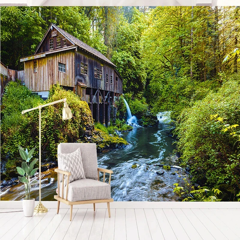 Custom Photo Wallpaper 3D Forest Waterfall Cabin Scenery Wall Cloth Study Living Room TV Backdrop Wall Covering Papel De Parede